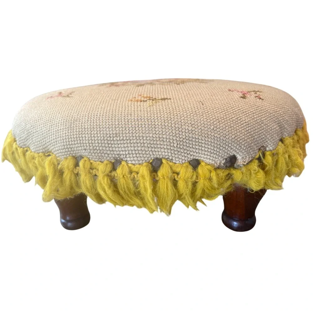 Antique Round Tan Floral Tapestry‎ Needlepoint wood Footstool Stool